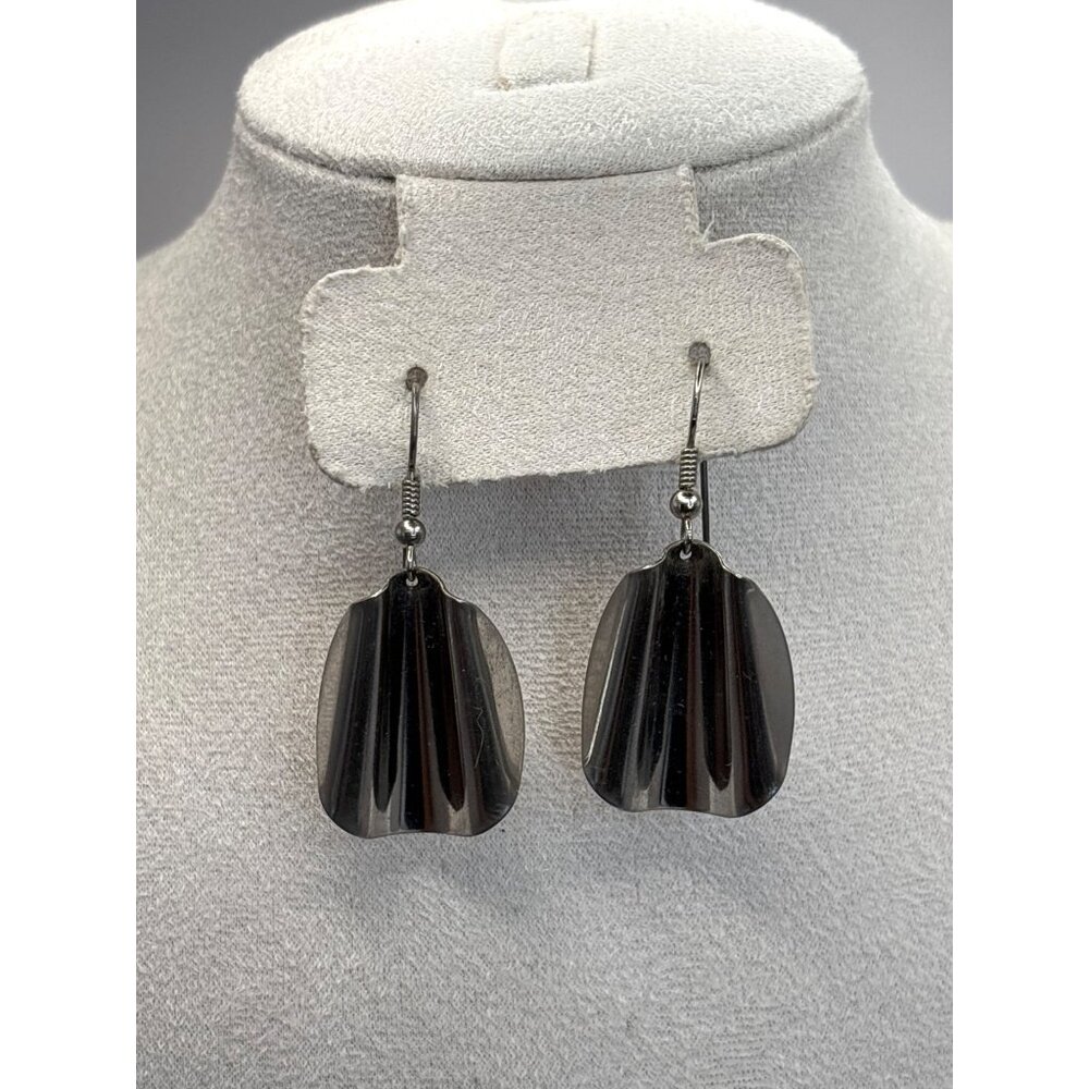 Vintage Retro Modernist Silver Tone Wave Dangle Earrings Hook Post